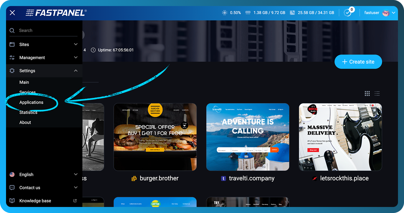 Раздел «Приложения» в меню Fastpanel