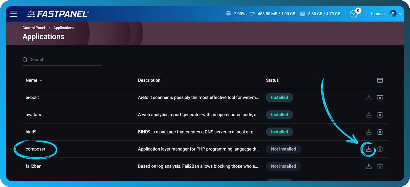 Установка Composer в Fastpanel