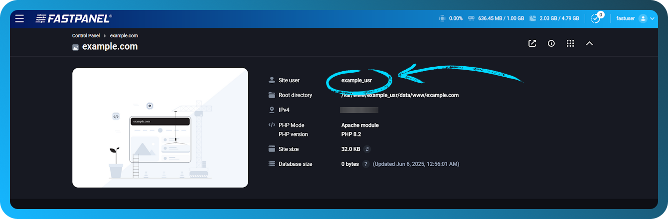 Владелец сайта в карточке Fastpanel