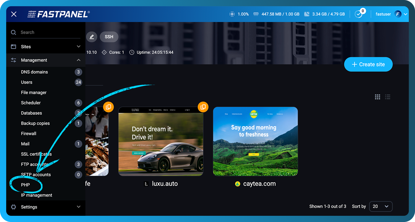 Раздел PHP в меню Fastpanel