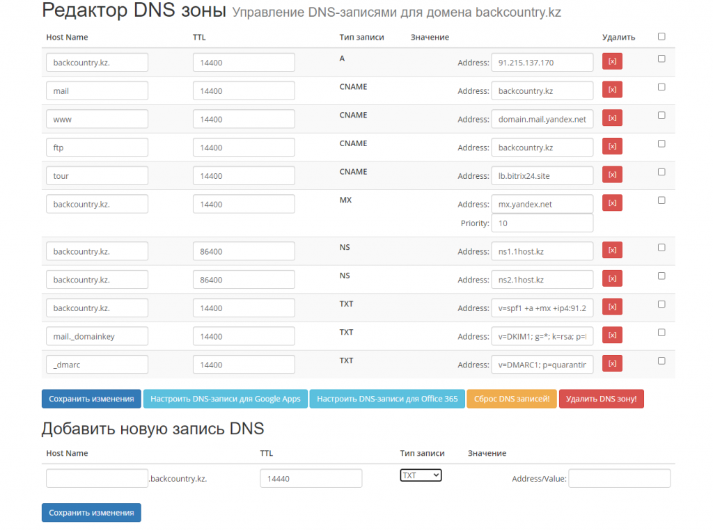 Редактор DNS зоны